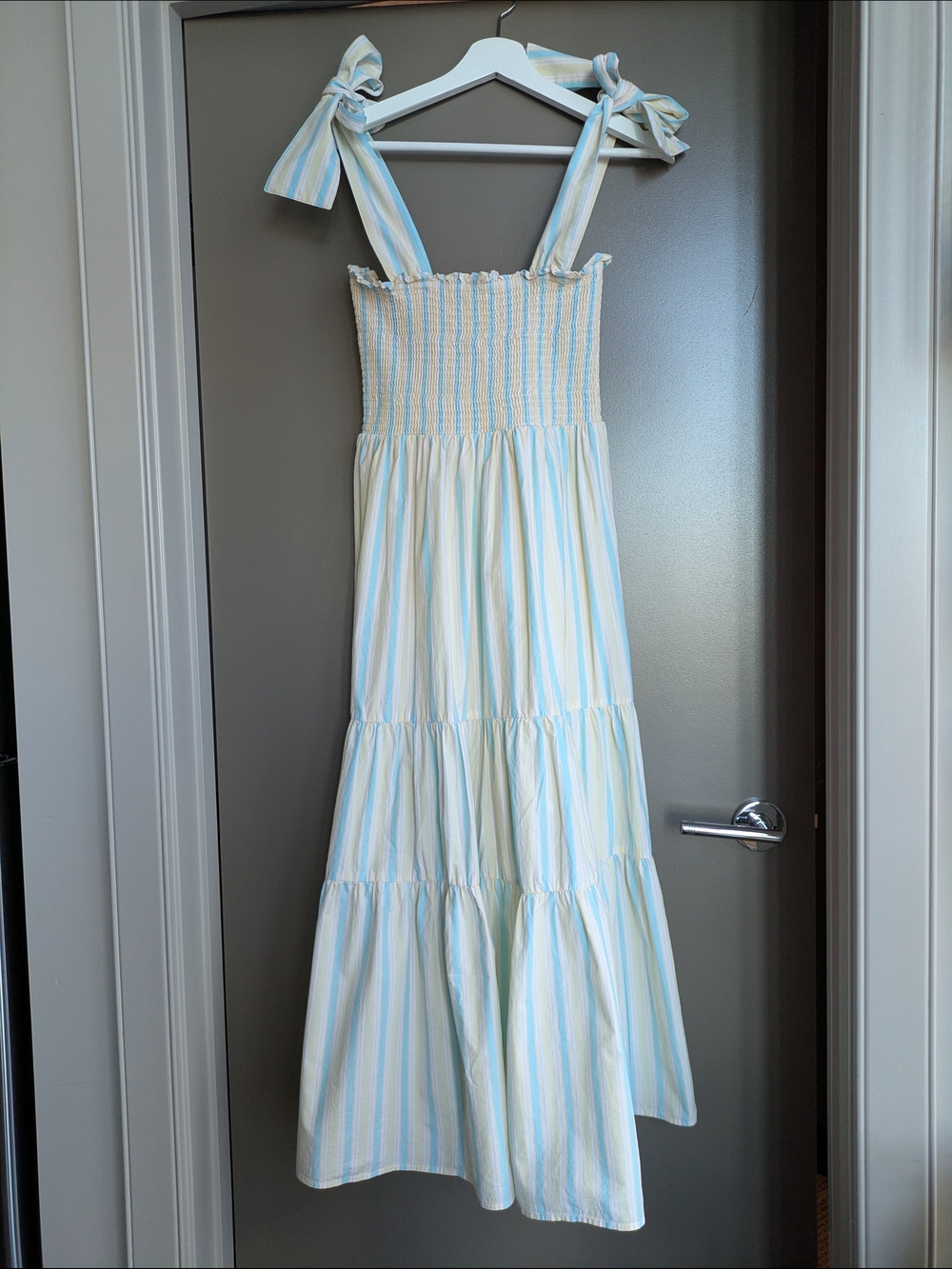 Twik Yellow Blue Stripe Tie-Strap Tiered Midi Dress Summer Coastal Size M Cotton - Picture 5 of 5